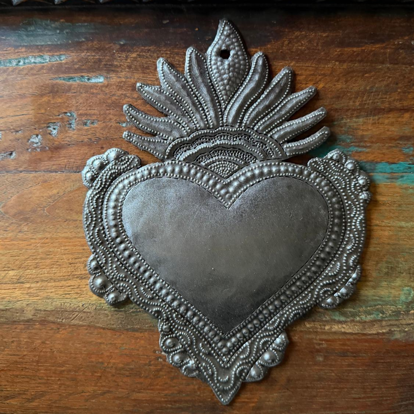 Hand Chiseled Haitian Metal Floral Heart Wall Art  7' X 9"