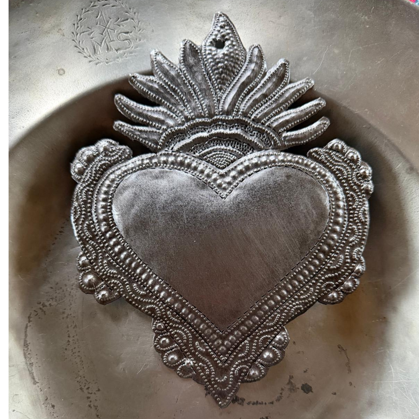 Hand Chiseled Haitian Metal Floral Heart Wall Art  7' X 9"