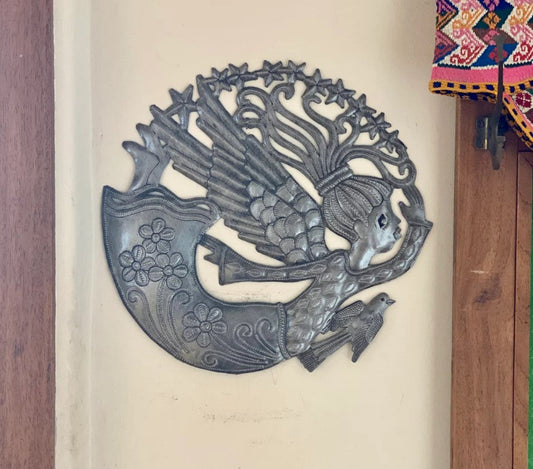 Home Decor Angel, Handmade in Haiti from Recycled Steel Drum Barrels, Celestial Wall Art 11" Round