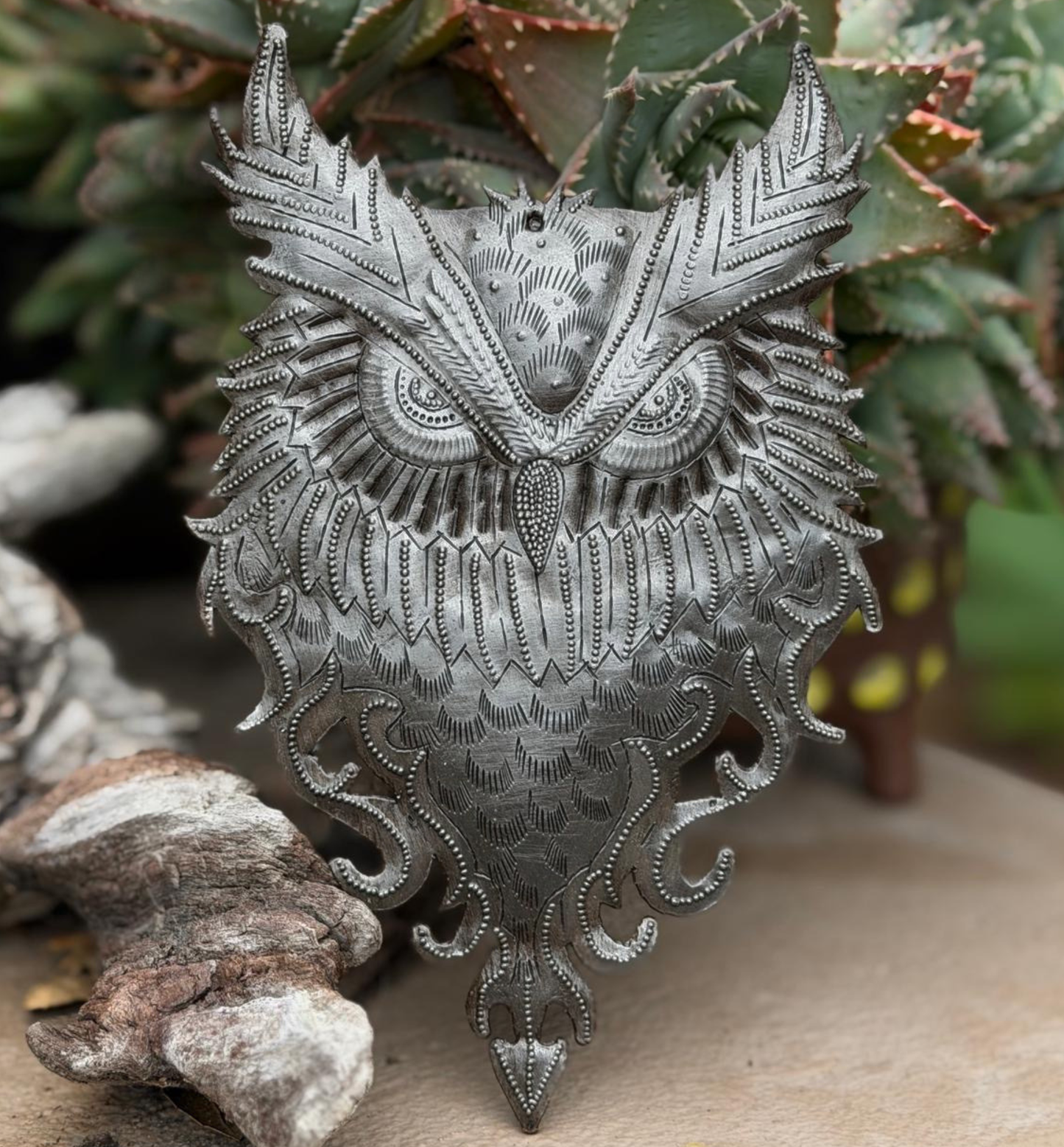 Haitian Metal Owl Wall Art 8.5x4 Hand Chiseled Recycled 
