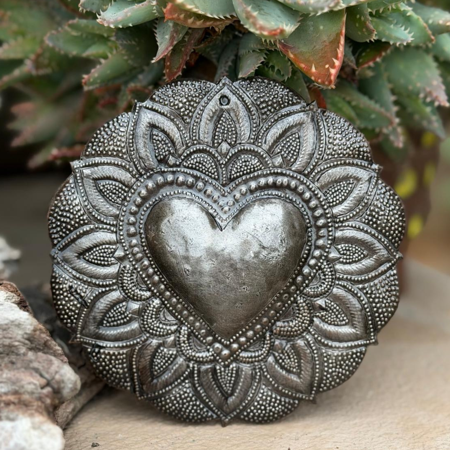 Haitian Metal Sacred Heart Wall Art 5.25x5.25 Hand Chiseled 