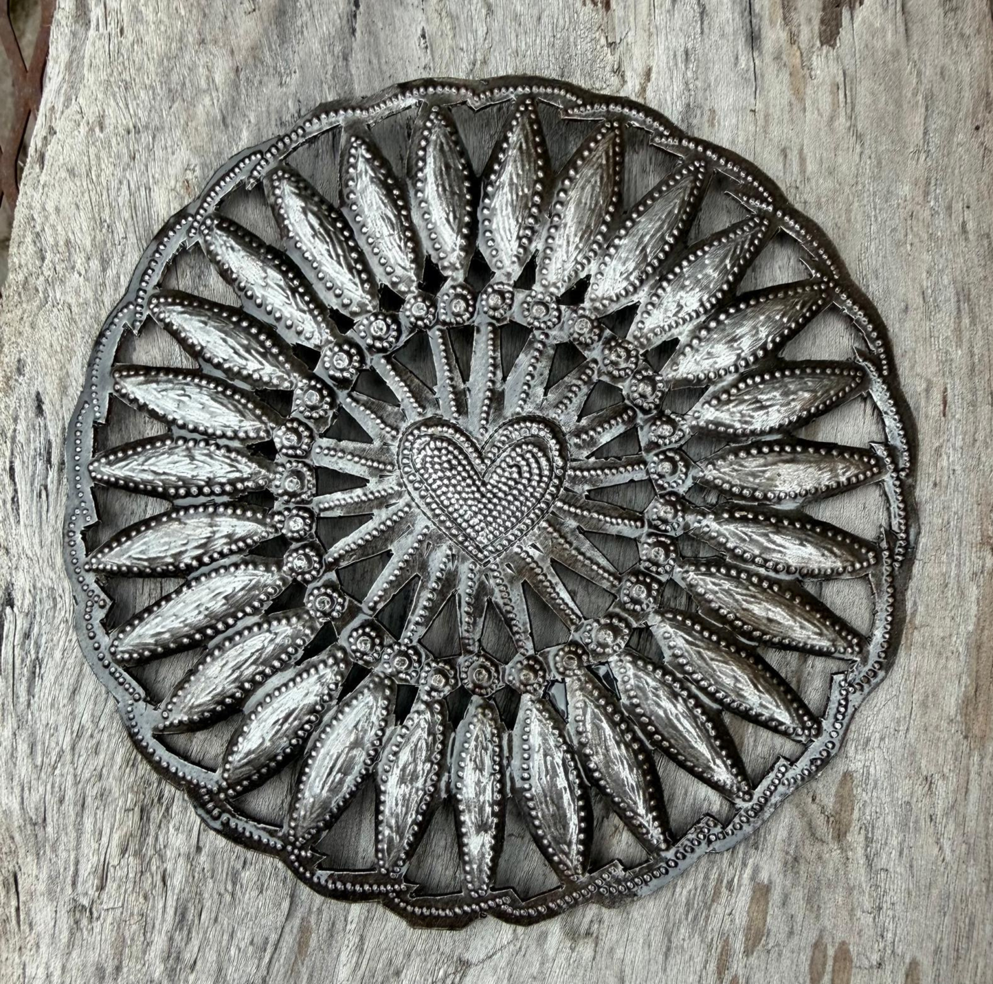 Haitian Metal Floral Heart Wall Art 5x5 Hand Chiseled Recycled
