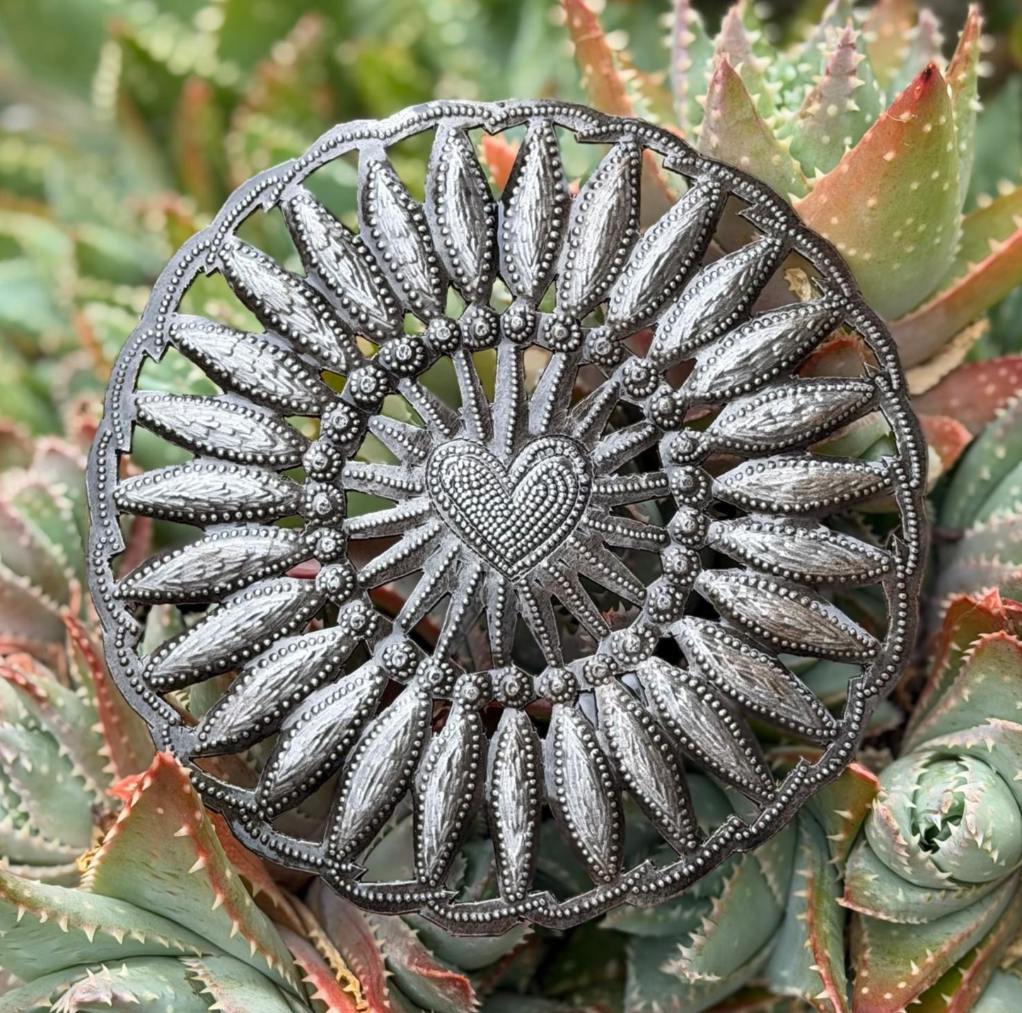 Haitian Metal Floral Heart Wall Art 5x5 Hand Chiseled Recycled