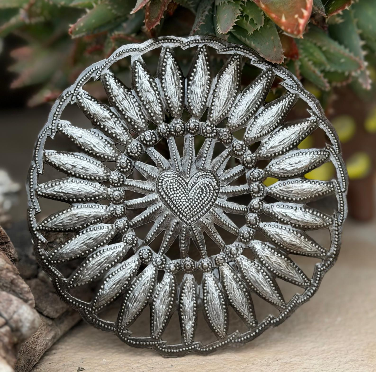 Haitian Metal Floral Heart Wall Art 5x5 Hand Chiseled Recycled
