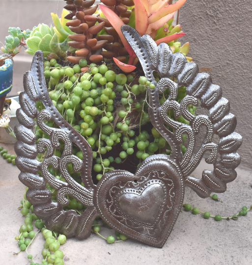 Winged Heart, Hand made Haitian Metal  Folk Art 8"x 8"