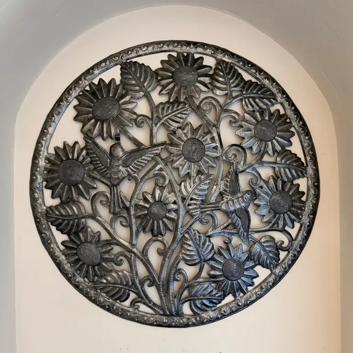 Haitian Sunflower & Hummingbird Metal Wall Art 23" Round