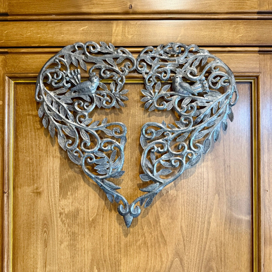 Handcrafted Metal Heart Wall Art with Birds Cross