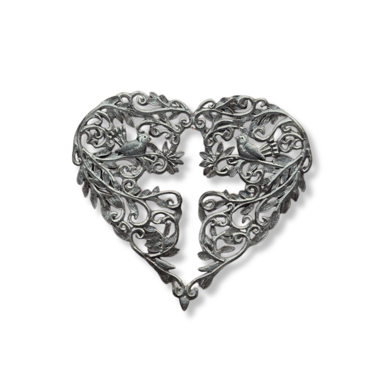 Handcrafted Metal Heart Wall Art with Birds Cross