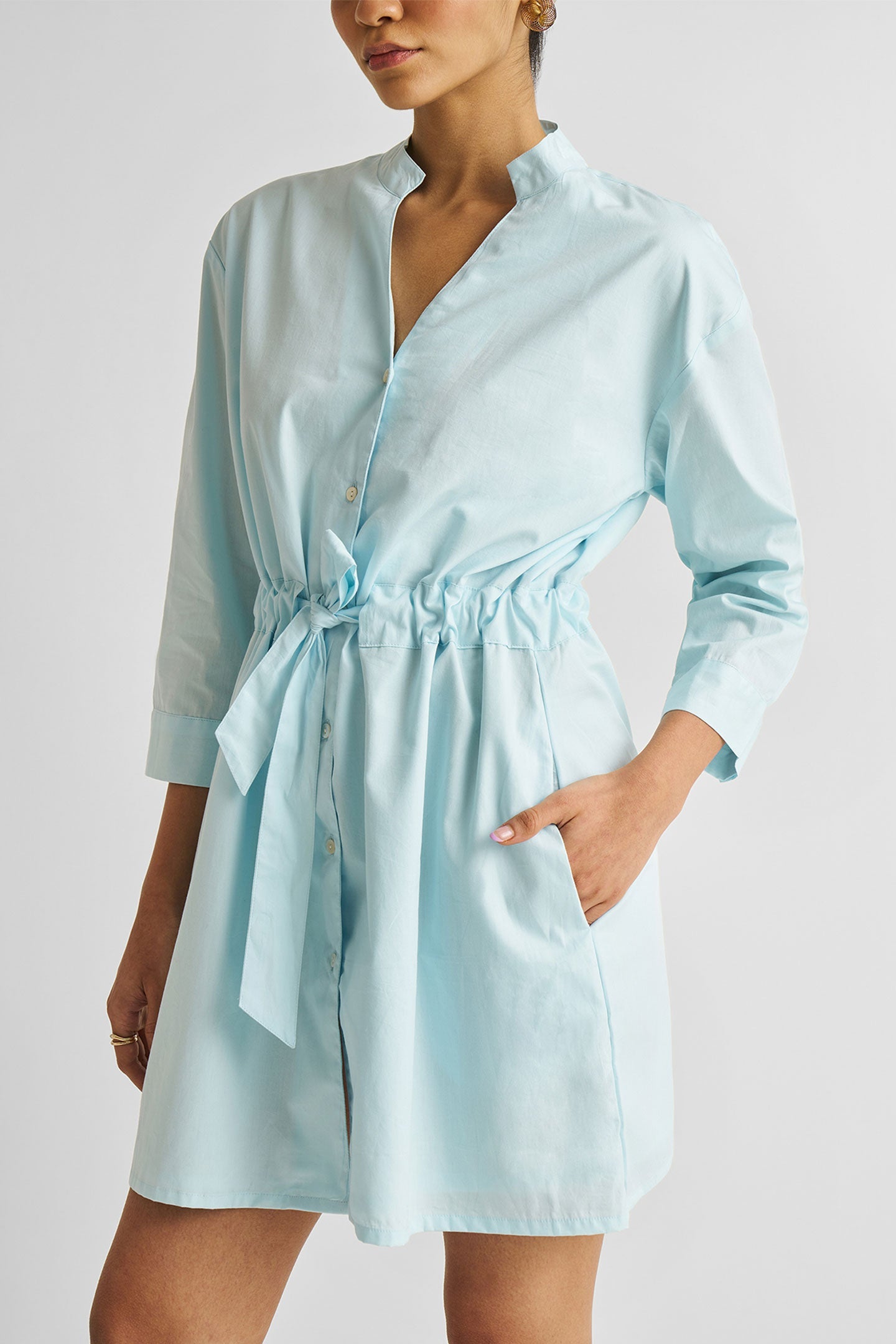 Short Tie Waist Dress in Summer Blue Closeup
