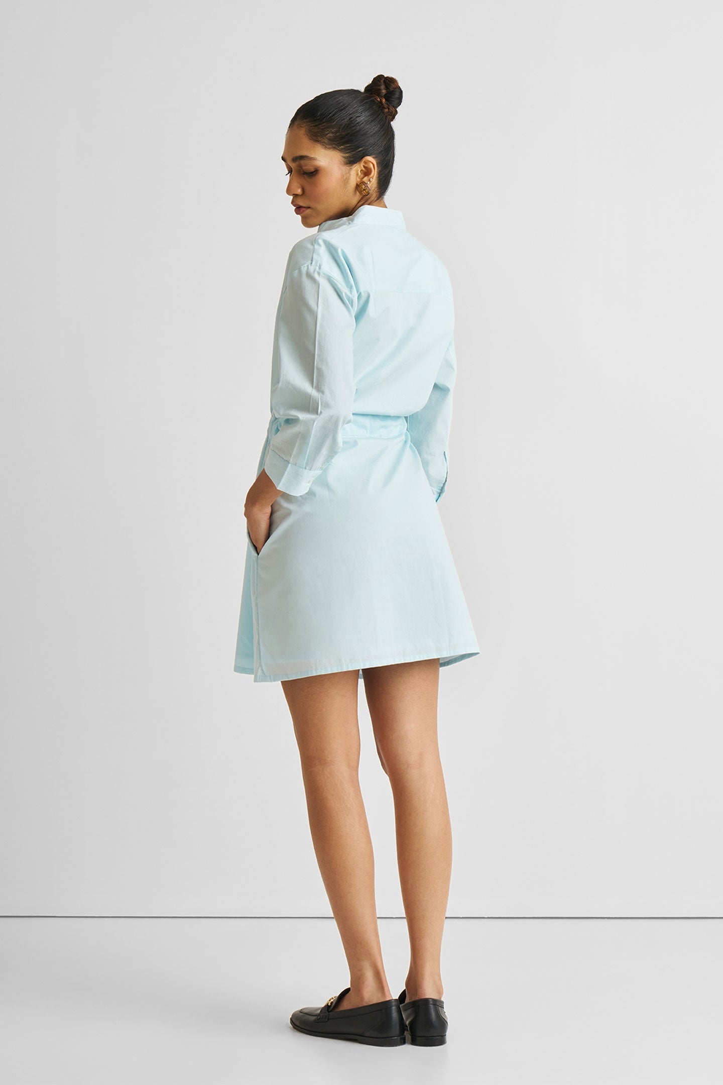 Short Tie Waist Dress in Summer Blue Long Shot