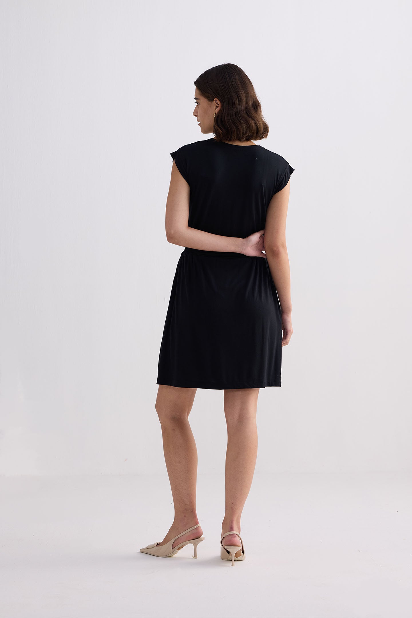 Short Dress With Smocking Side Detail in Black Back