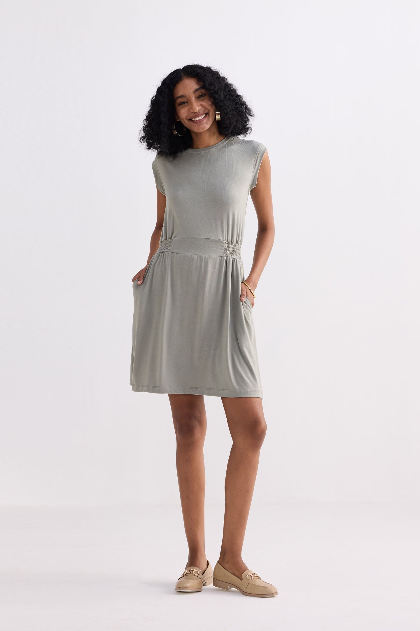 Short Dress With Smocking Side Detail in Light Olive Front