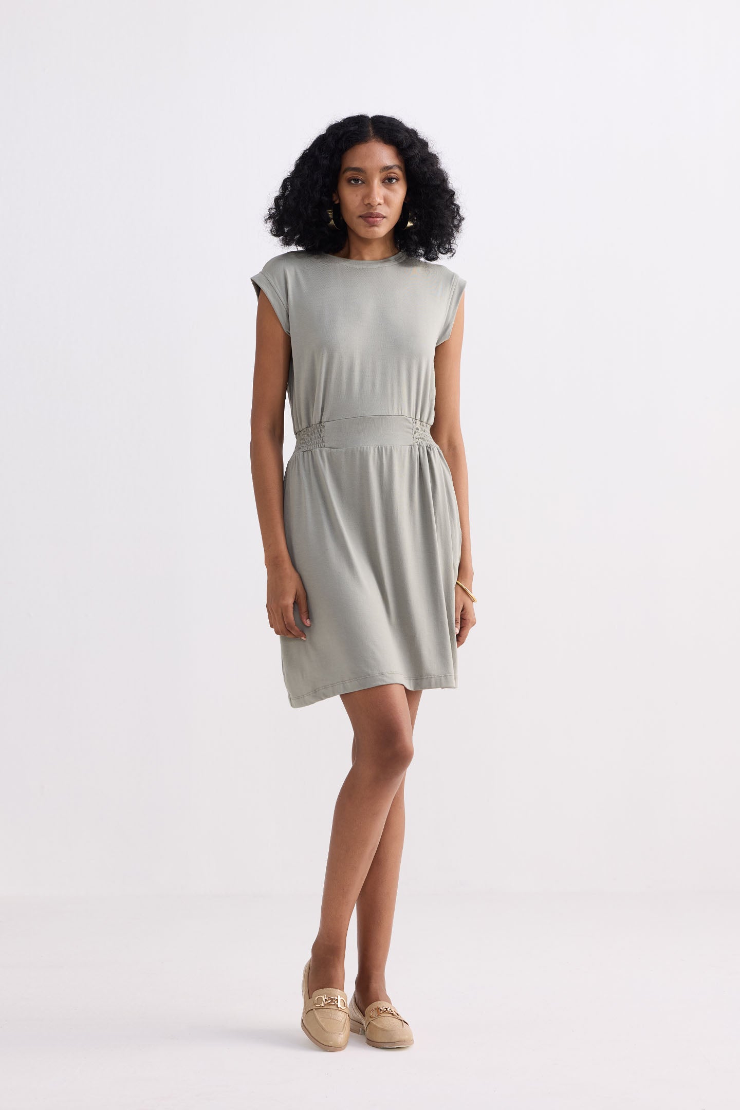 Short Dress With Smocking Side Detail in Light Olive Front