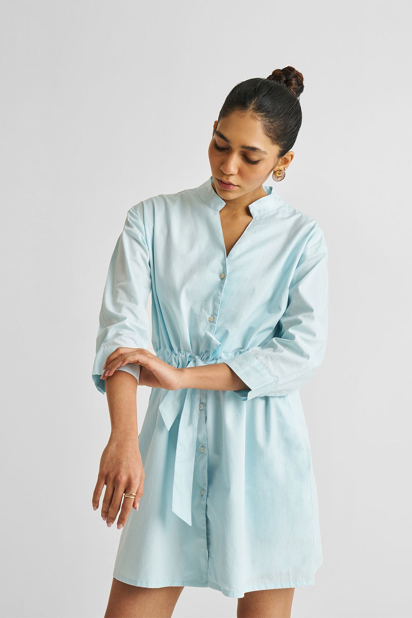 Short Tie Waist Dress in Summer Blue Medium Shot