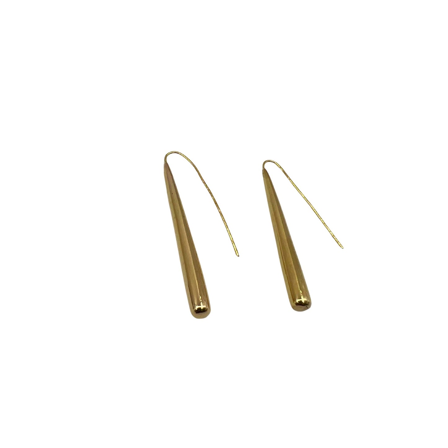 Moja brass bar dangle earrings worn showing linear drop