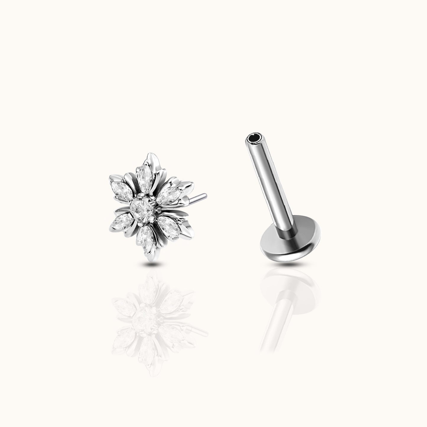 Snowflake White CZ Threadless Labret Titanium Flat Back Earring