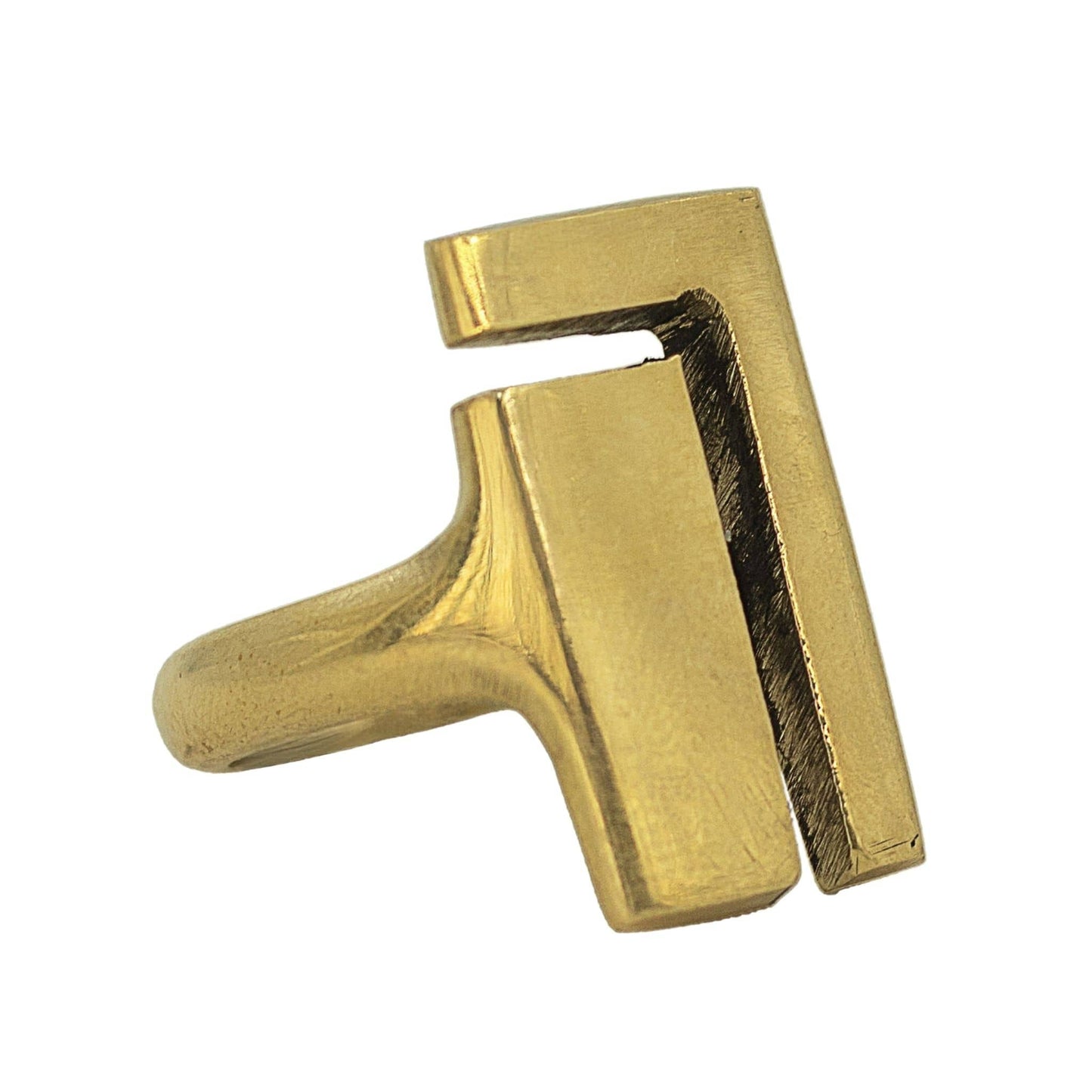 Close-up of Juzi open square brass ring showing flat geometric face