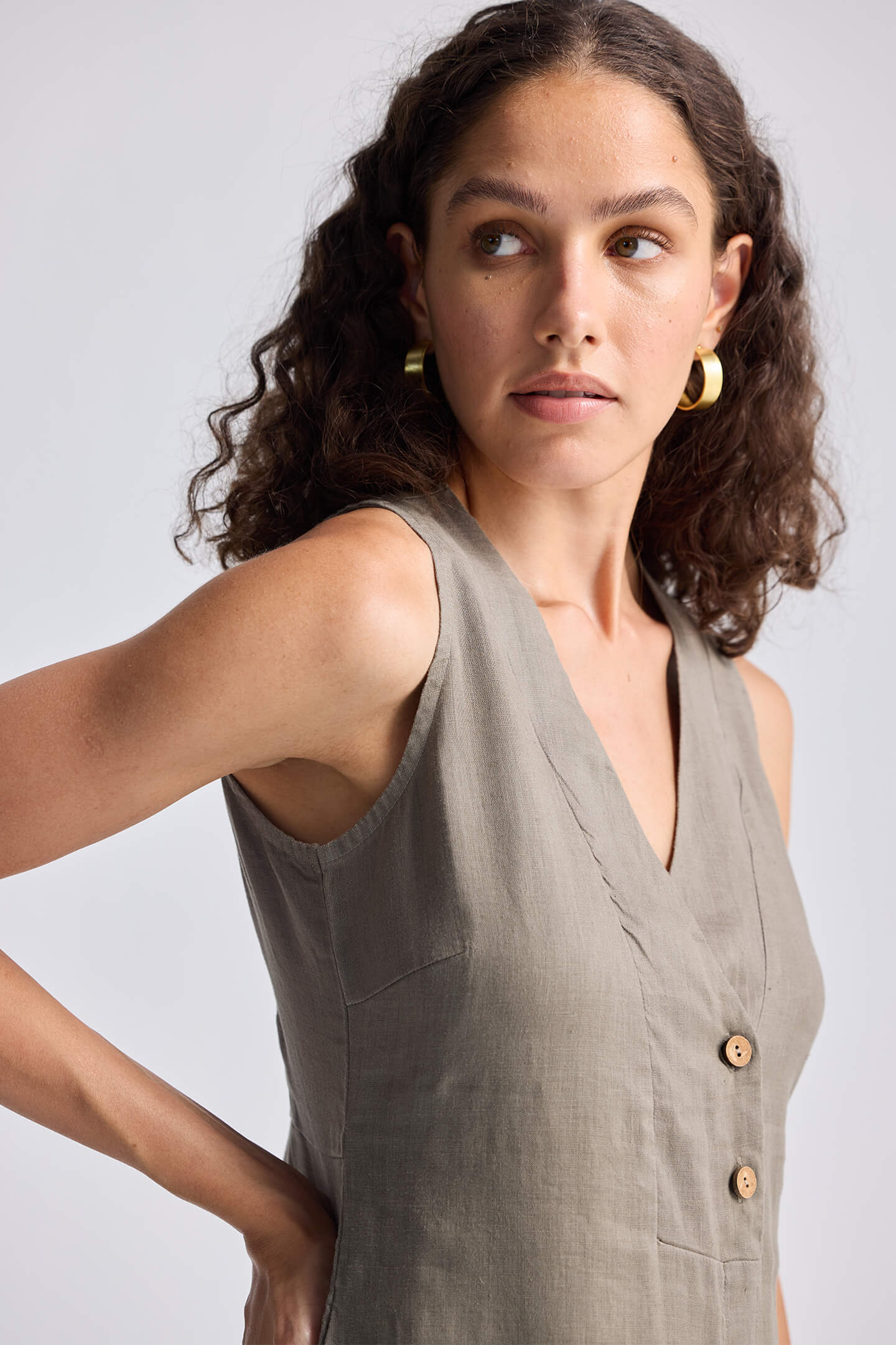 Straight Dress with Front Slit in Dark Green Hemp Closeup