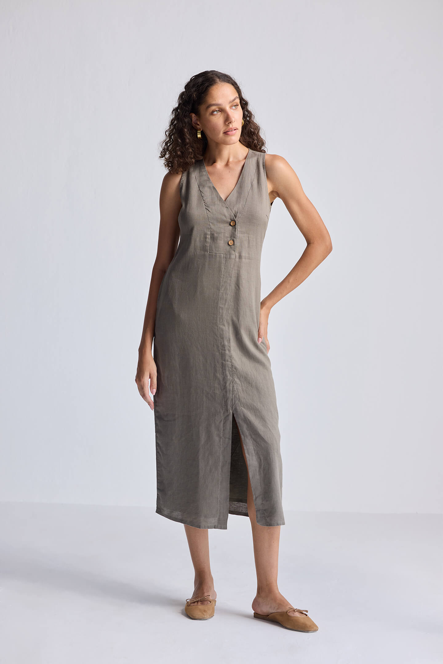 Straight Dress with Front Slit in Dark Green Hemp Side