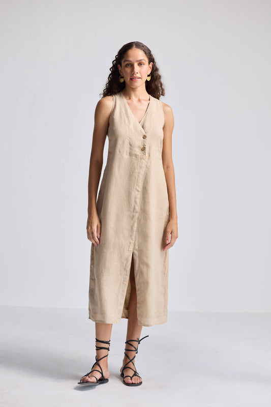 Straight Dress with Front Slit in Neutral Beige Hemp Front