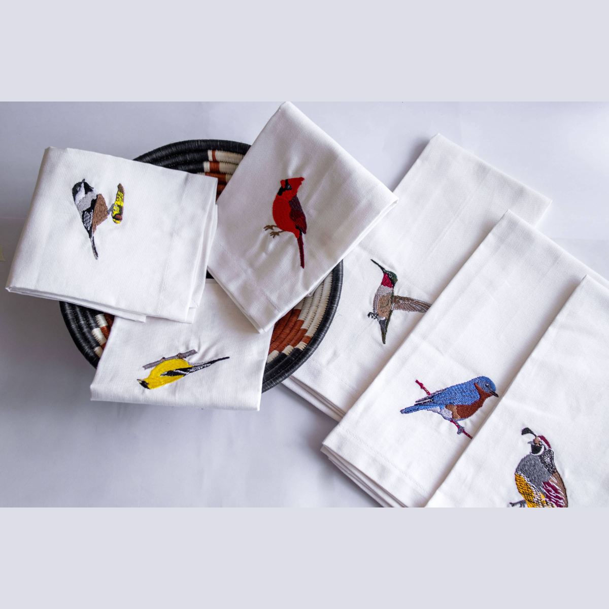Cotton kitchen tea towels with hand-embroidered bird designs set #birds_cardinal