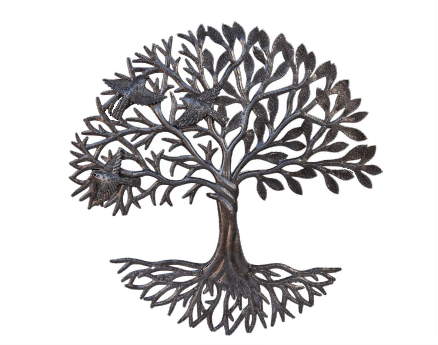 Tree of Life with Bird on Trunk, Handcrafted Wall Hanging Metal Artwork, Indoor Outdoor Display 23 Inches