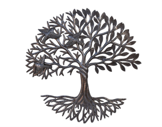 Tree of Life with Bird on Trunk, Handcrafted Wall Hanging Metal Artwork, Indoor Outdoor Display 23 Inches