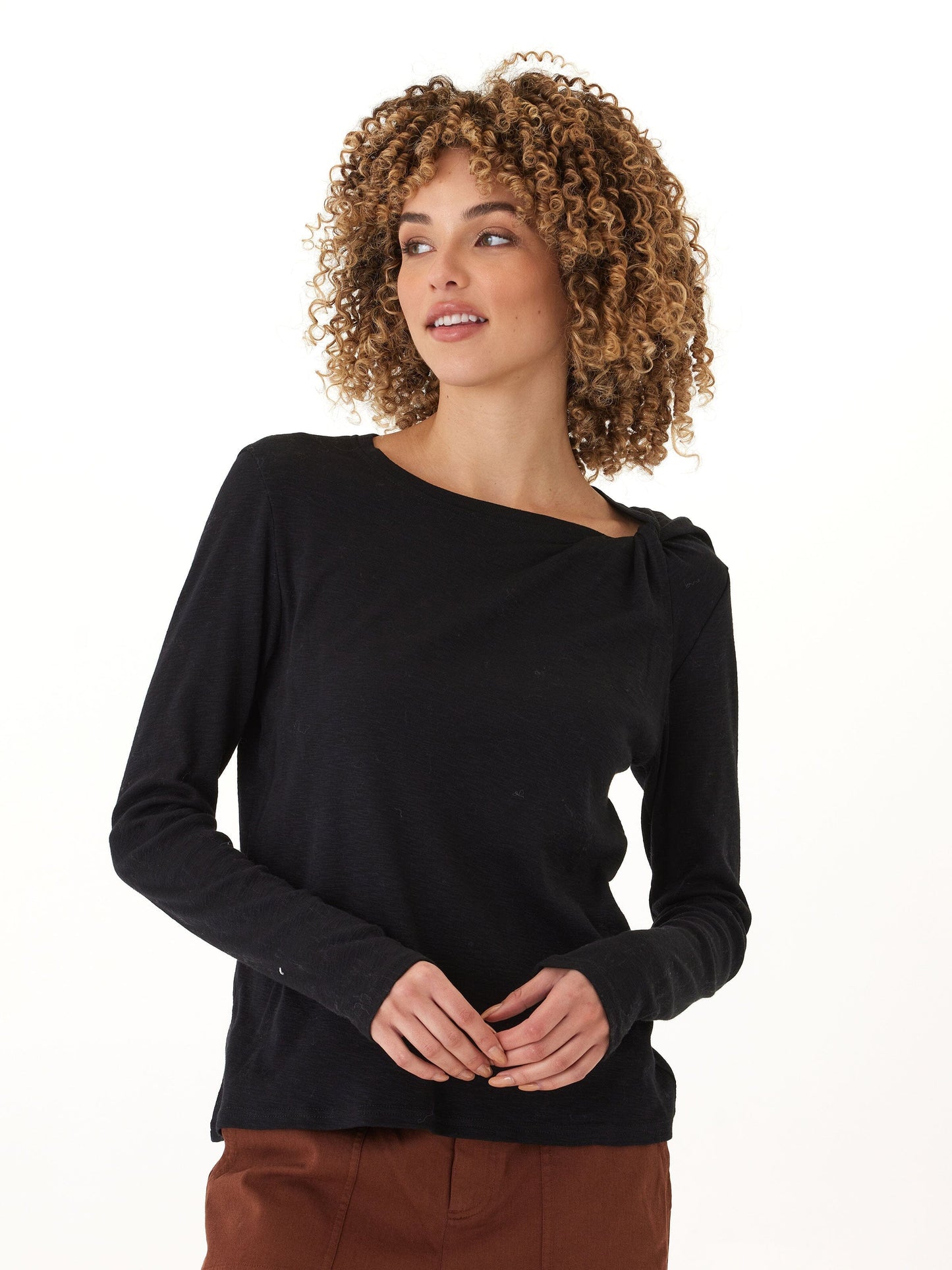 Francine Textured Slub Jersey Twist Long Sleeve Top