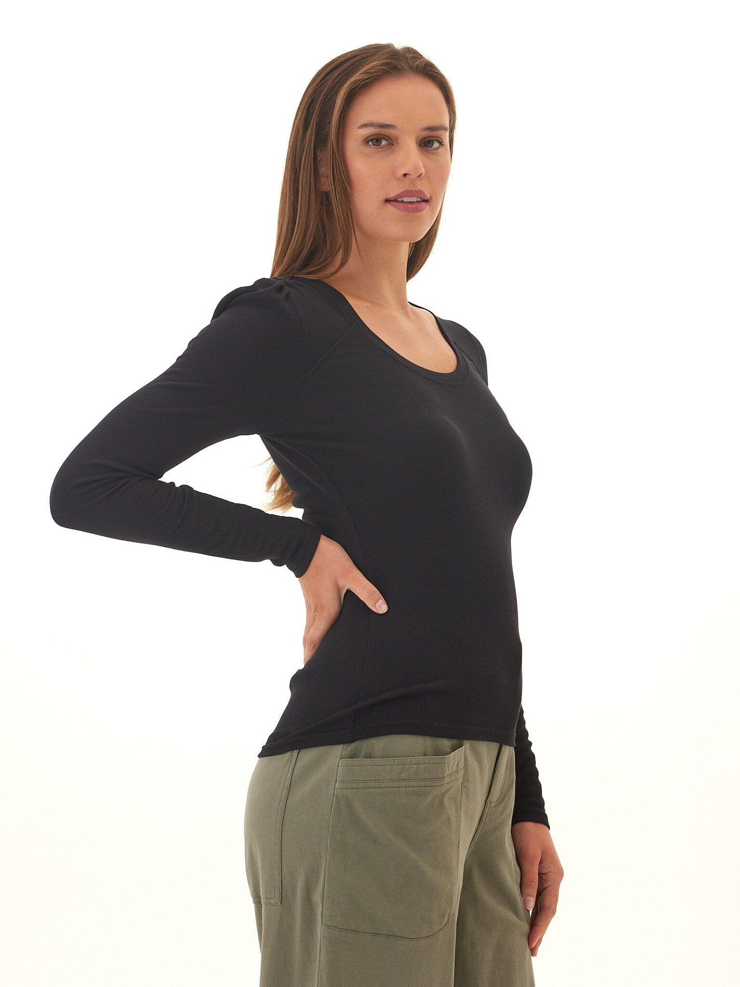 Nimia Feather Rib Puff Shoulder Top
