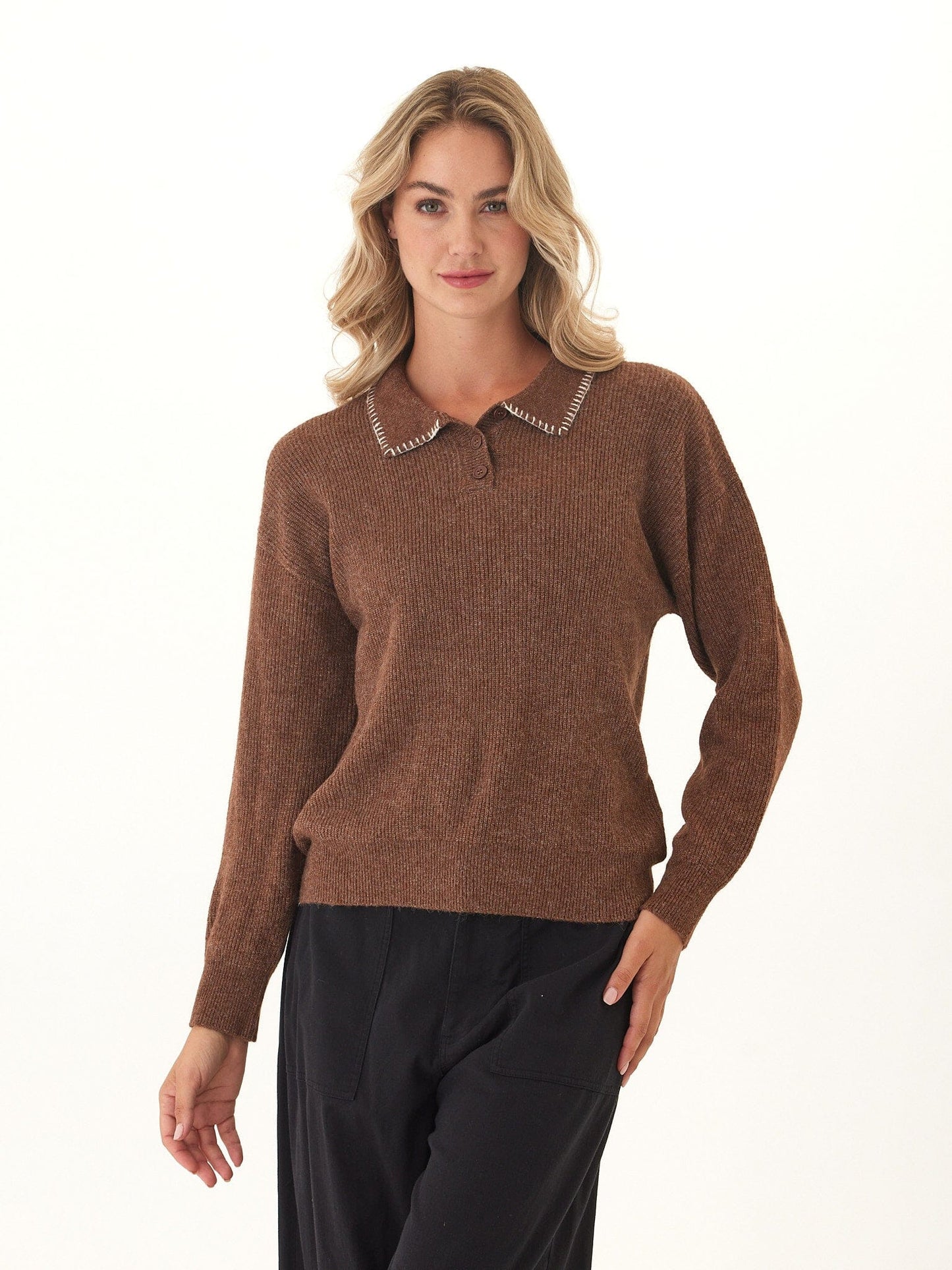 Julieta Cozy Solid Knit Long Sleeve Sweater Polo