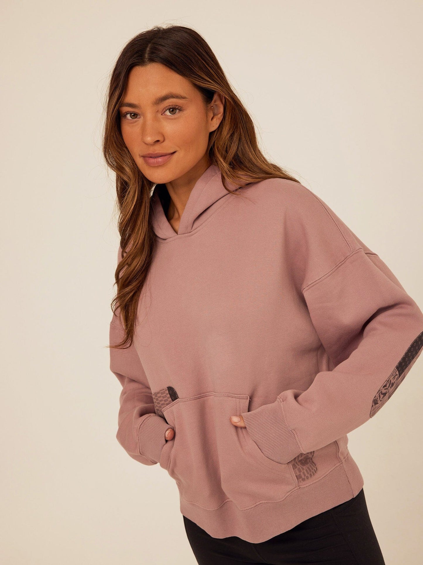 Marcellina Vintage Wash Fleece Elbow Patchwork Hoodie