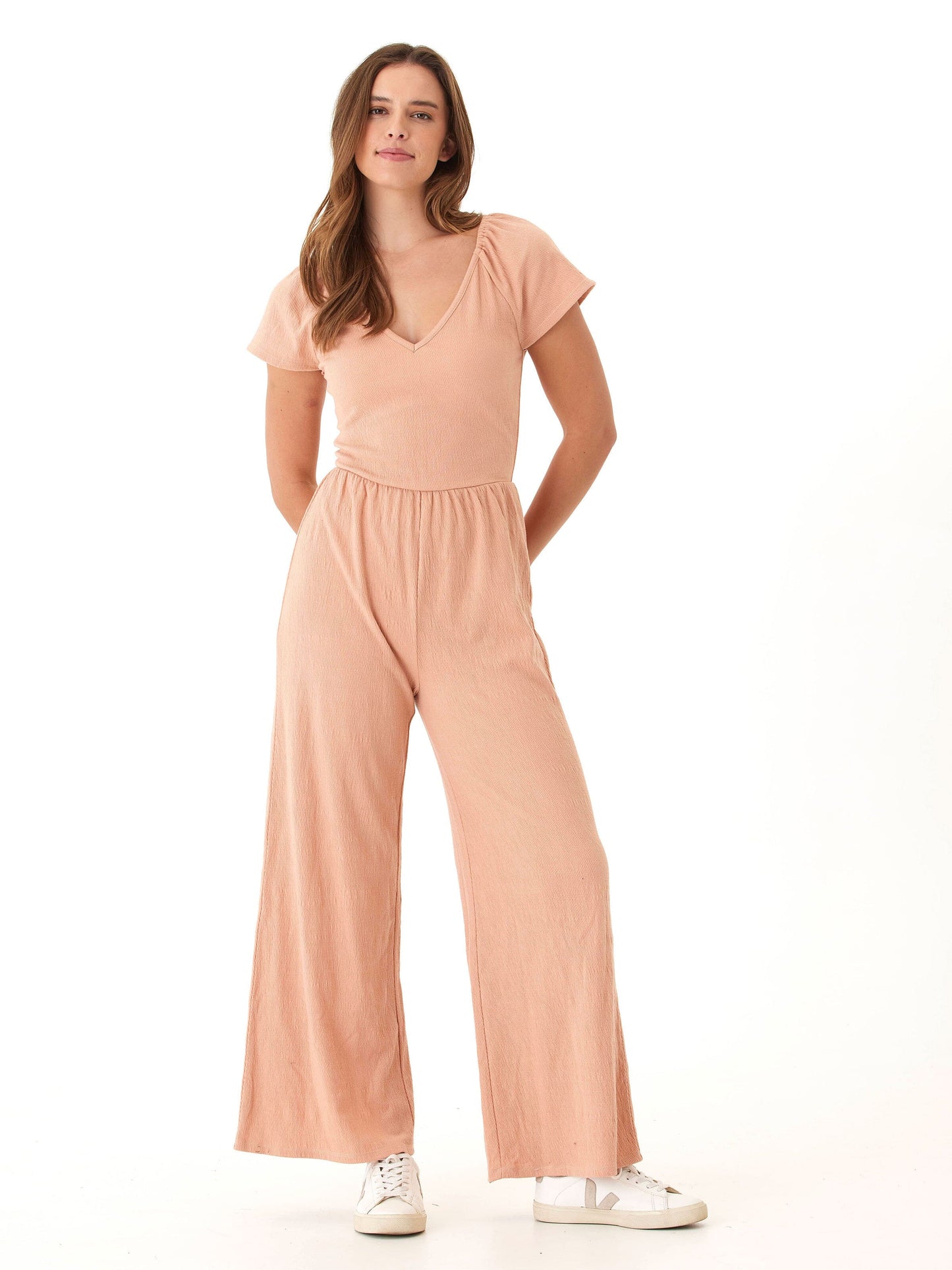 Lilyanna Smocked Jersey Flutter Sleeve Jumpsuit