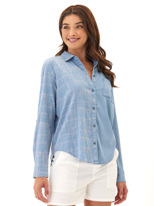 Prudence Grid Plaid Stretch Chambray Button-Down