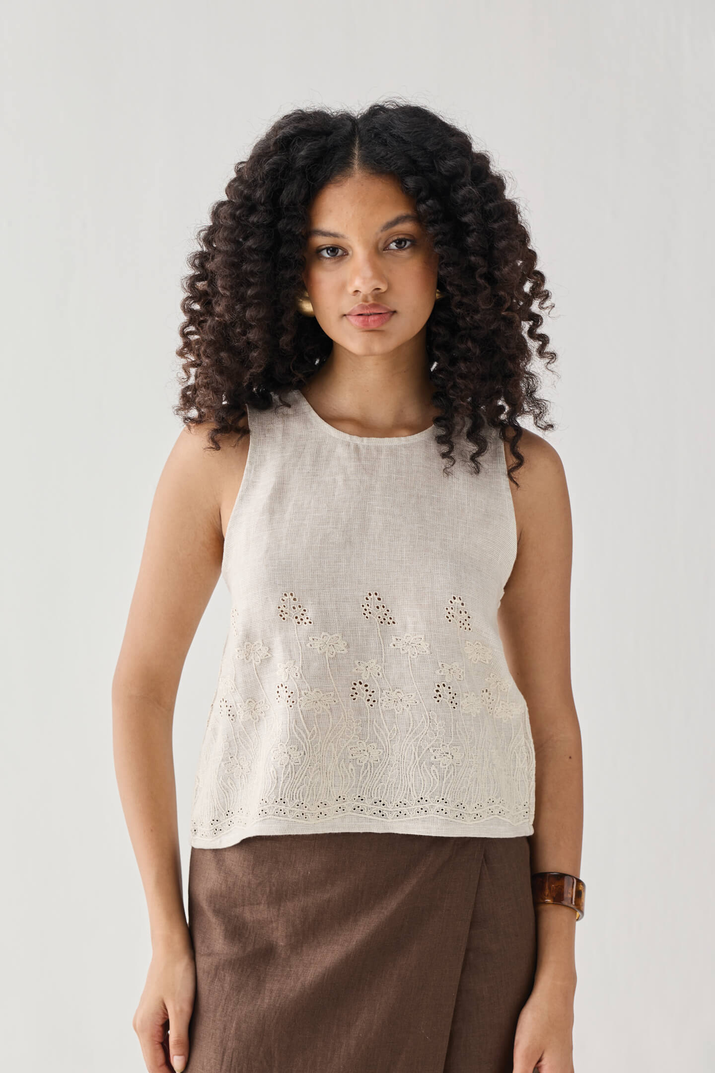 The Embroidered Button Back Top in Checkered Linen