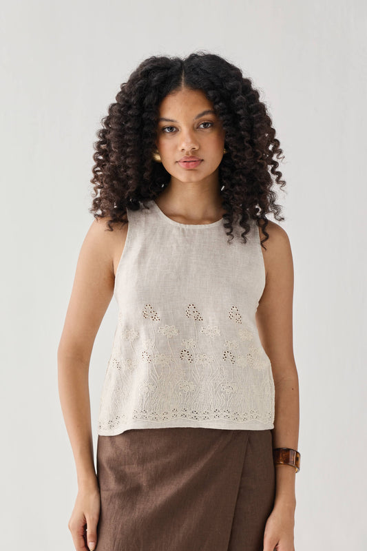 The Embroidered Button Back Top in Checkered Linen