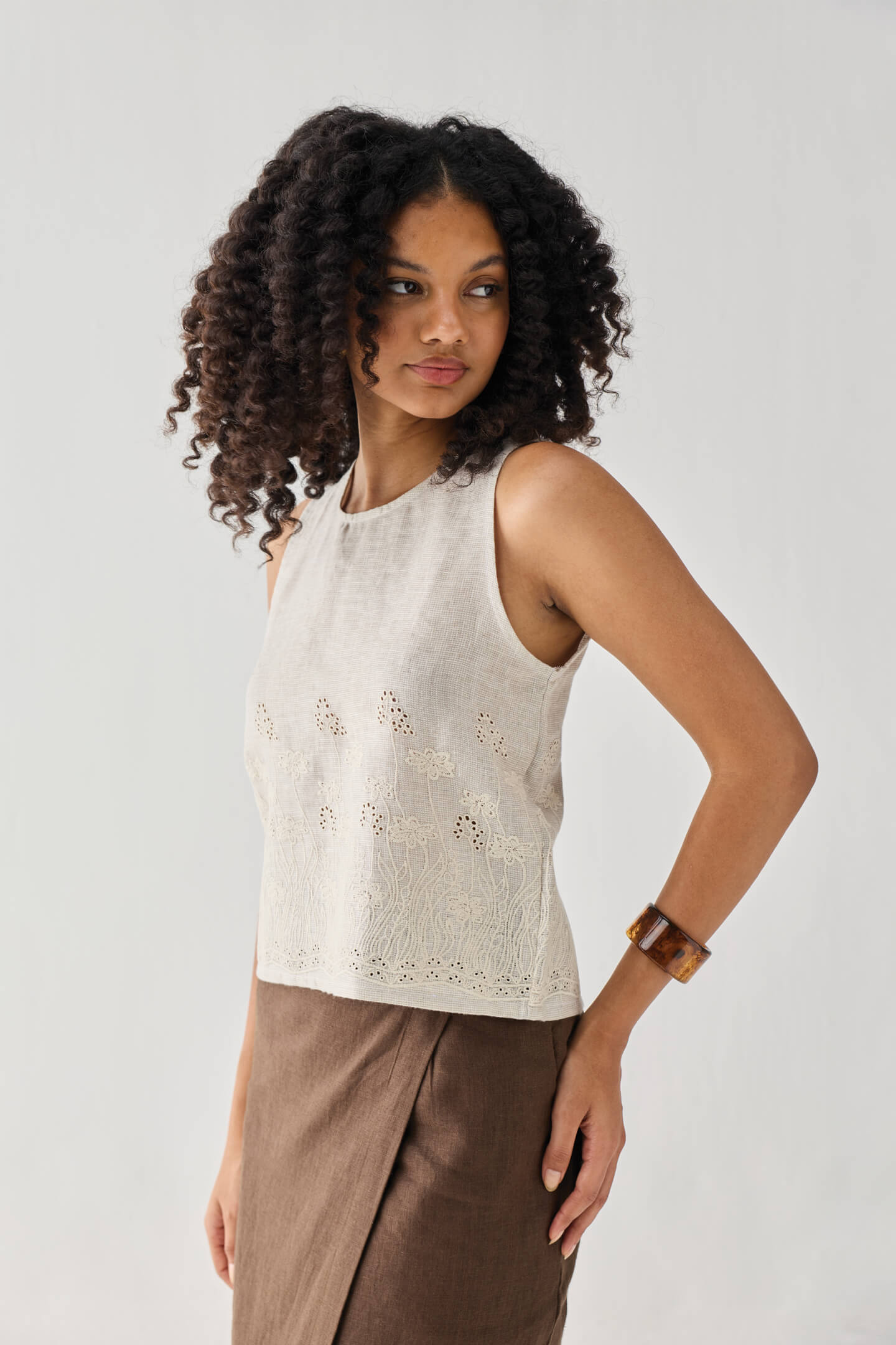 The Embroidered Button Back Top in Checkered Linen