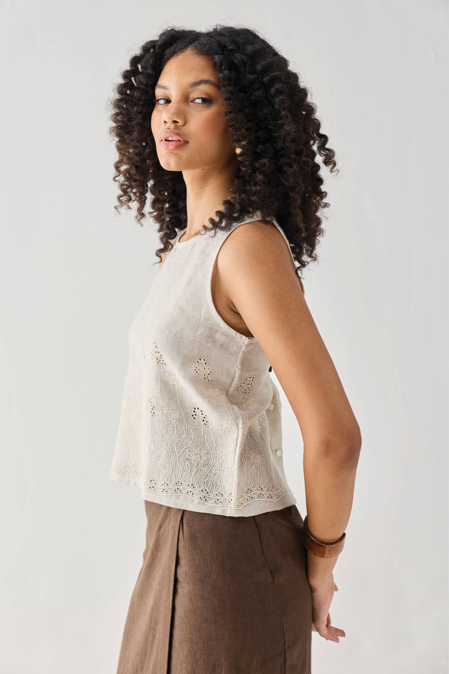 The Embroidered Button Back Top in Checkered Linen