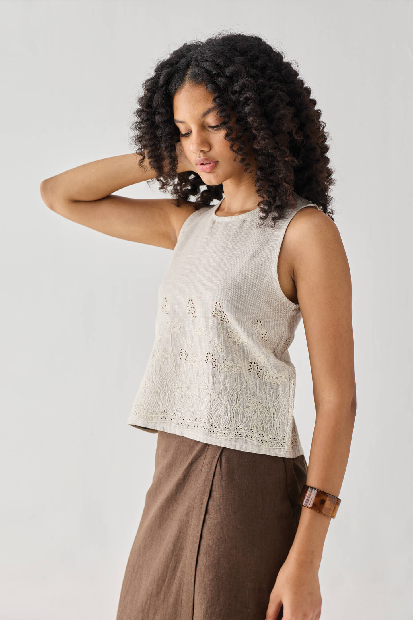 The Embroidered Button Back Top in Checkered Linen