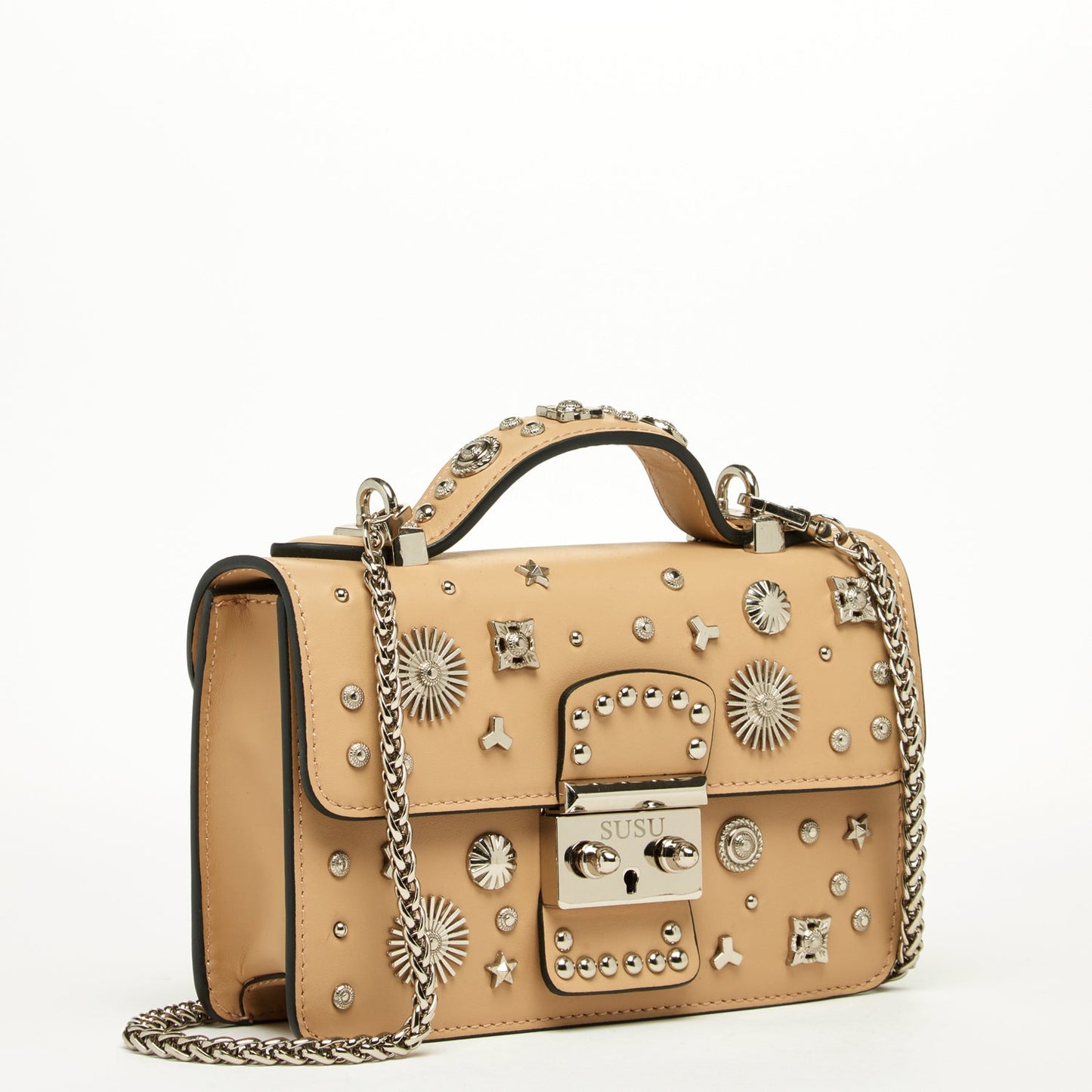 SUSU Small Leather Crossbody Bag Studded Dark Beige Tan Purse  Women's Handbag