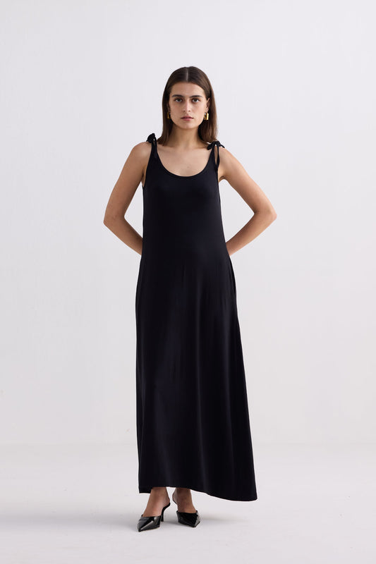 Tie-Detail Maxi Dress in Black Front
