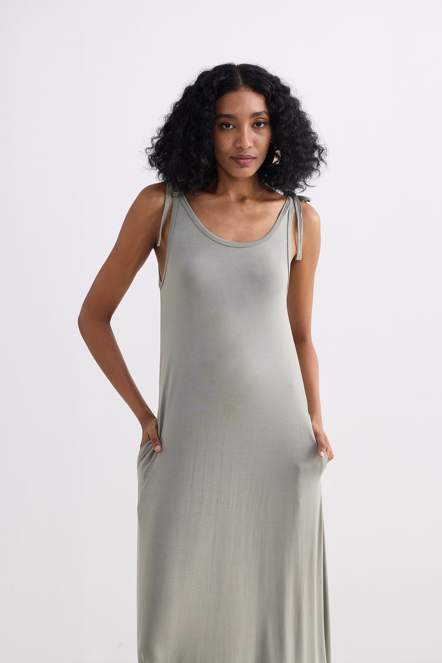 Tie-Detail Maxi Dress in Light Olive Front