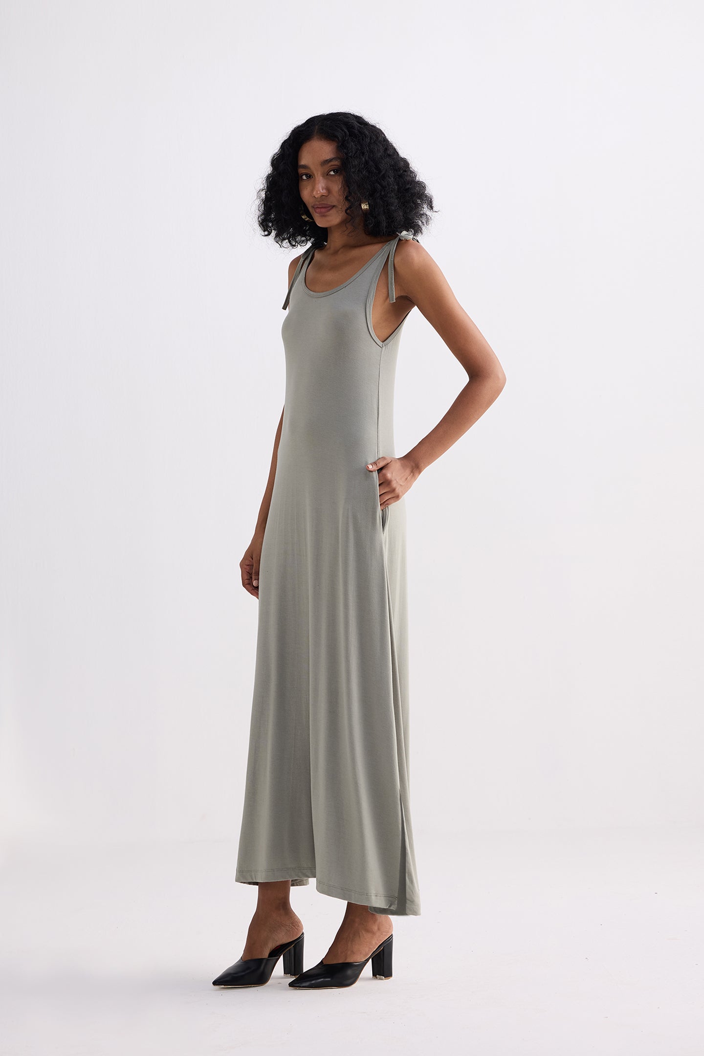 Tie-Detail Maxi Dress in Light Olive Side