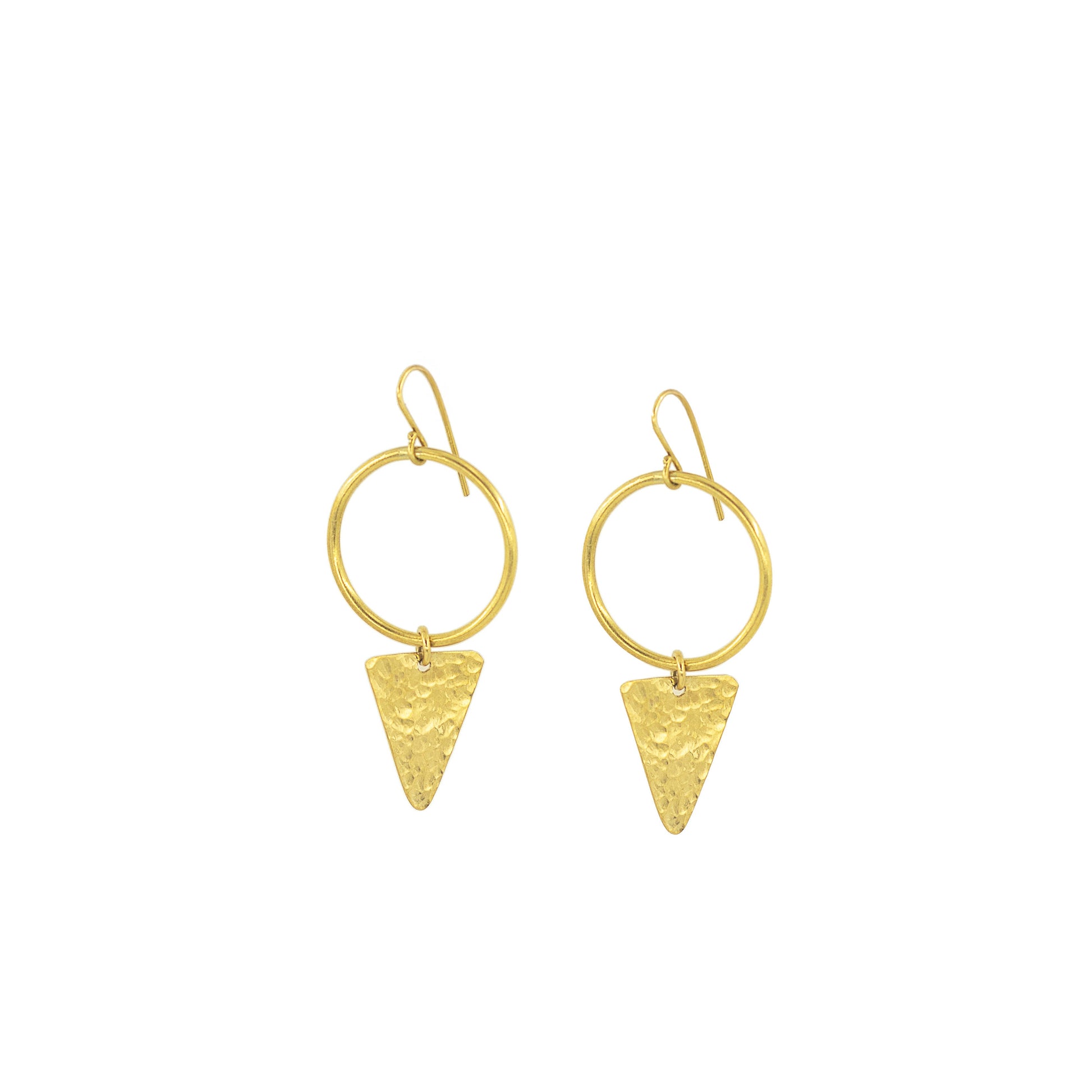 Wema brass hoop and triangle pendant earrings flat lay showing two elements