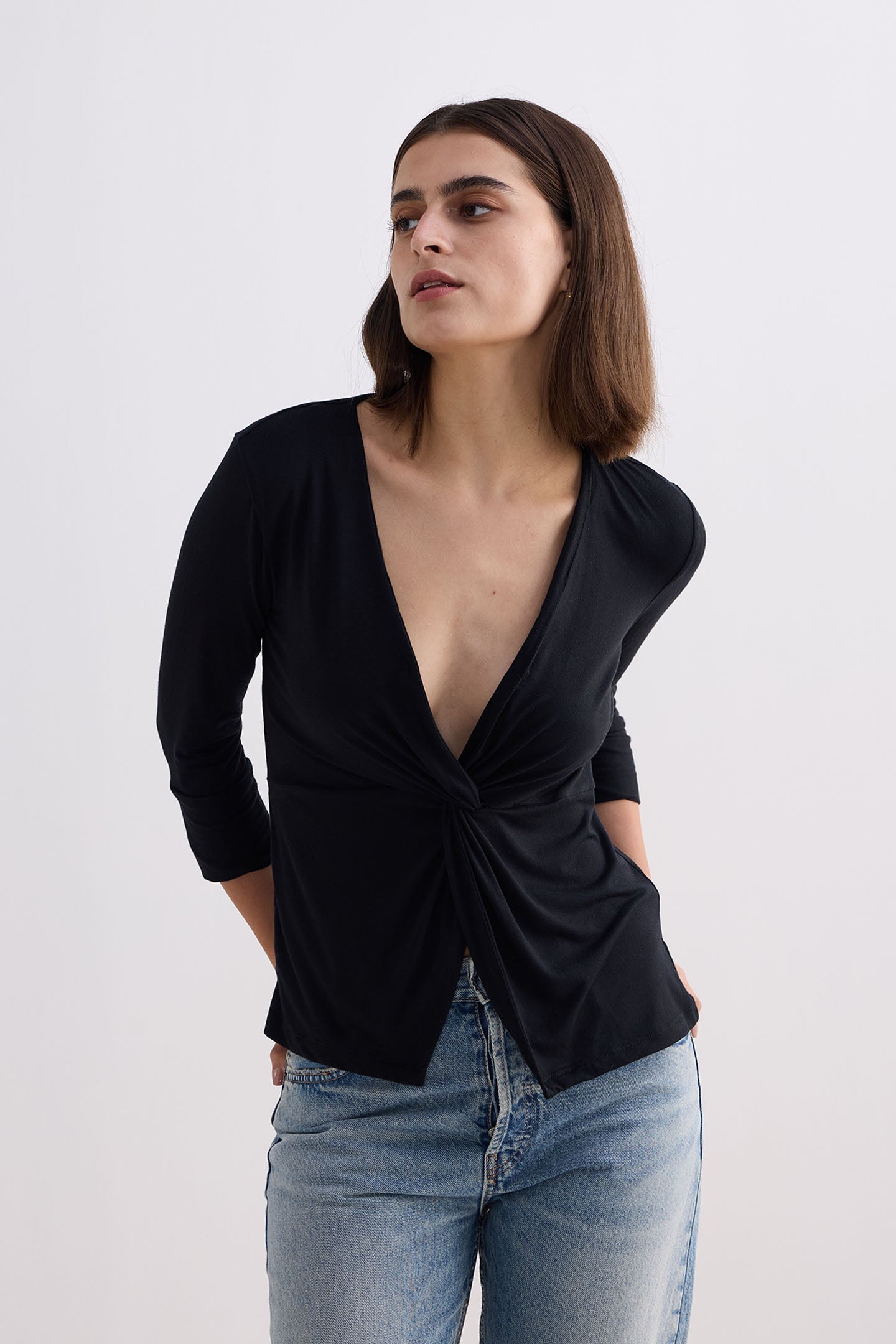 Twist Front Knit Shirt in Black  Front