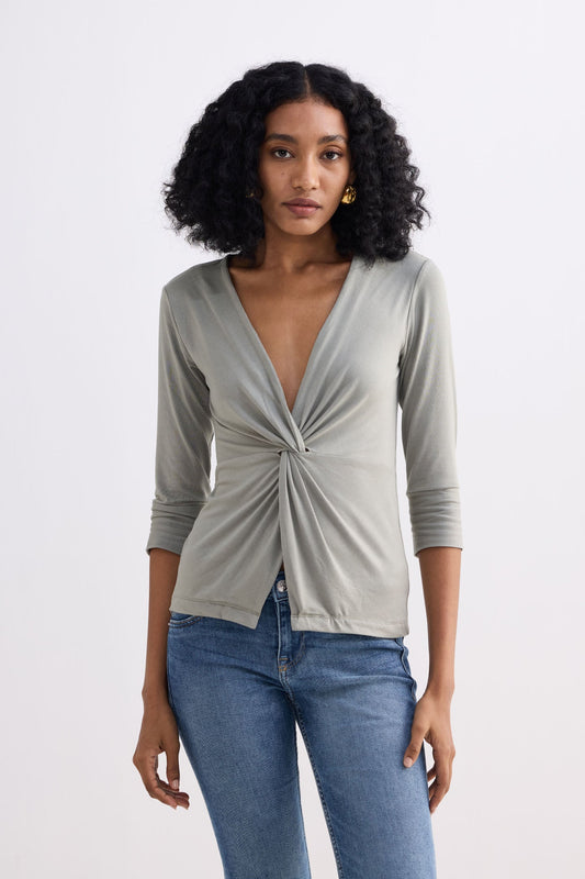 Twist Front Knit Shirt in Light Olive Front