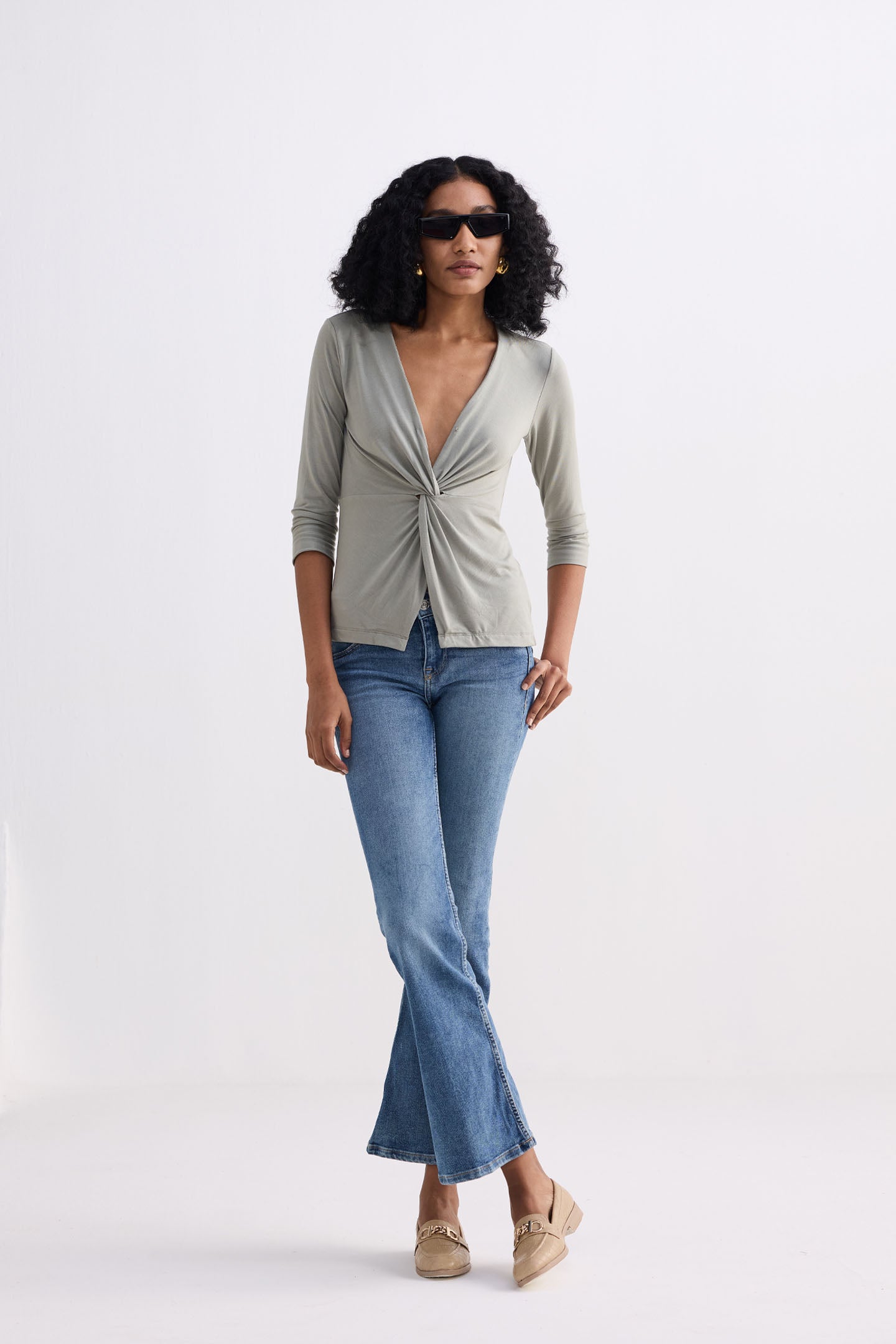 Twist Front Knit Shirt in Light Olive Front