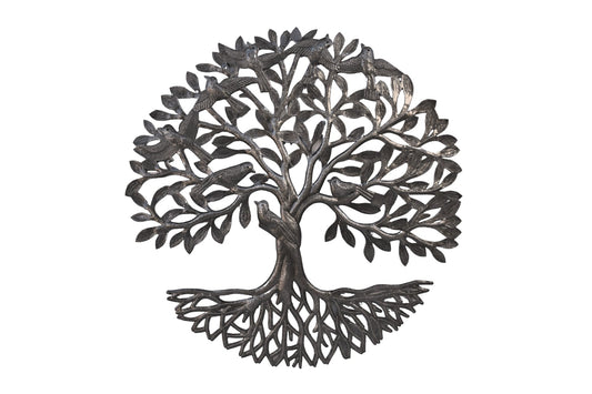 Tree of Life with Bird on Trunk, Handcrafted Wall Hanging Metal Artwork, Indoor Outdoor Display 23 Inches