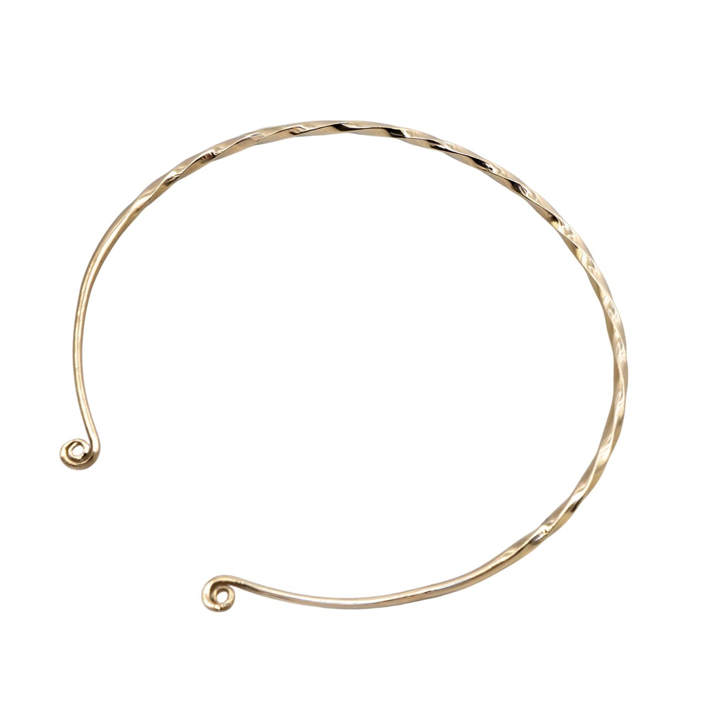 Uzi open collar brass choker necklace worn on neck showing knot end detail