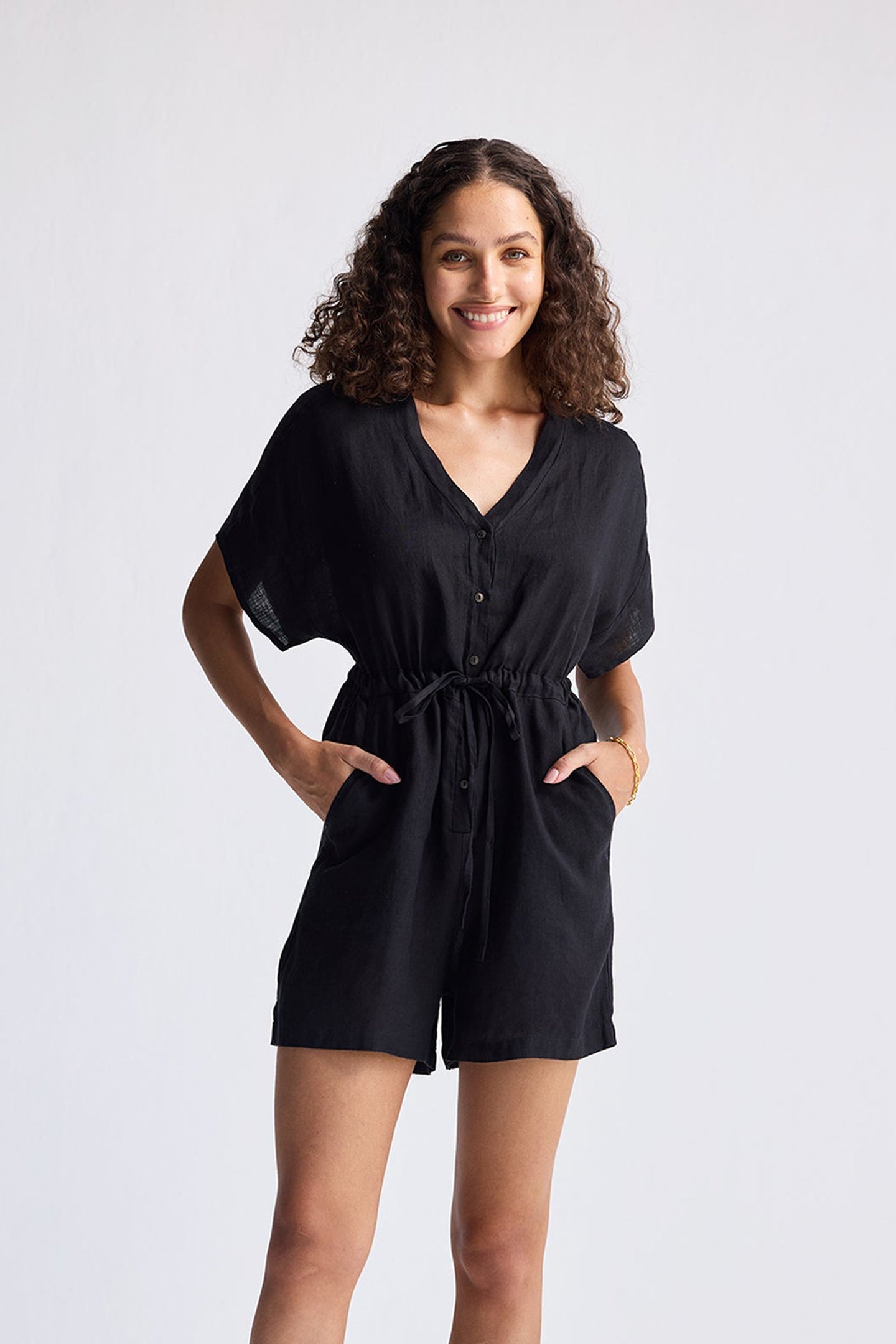 V neck Drawstring Romper in Black Medium Shot