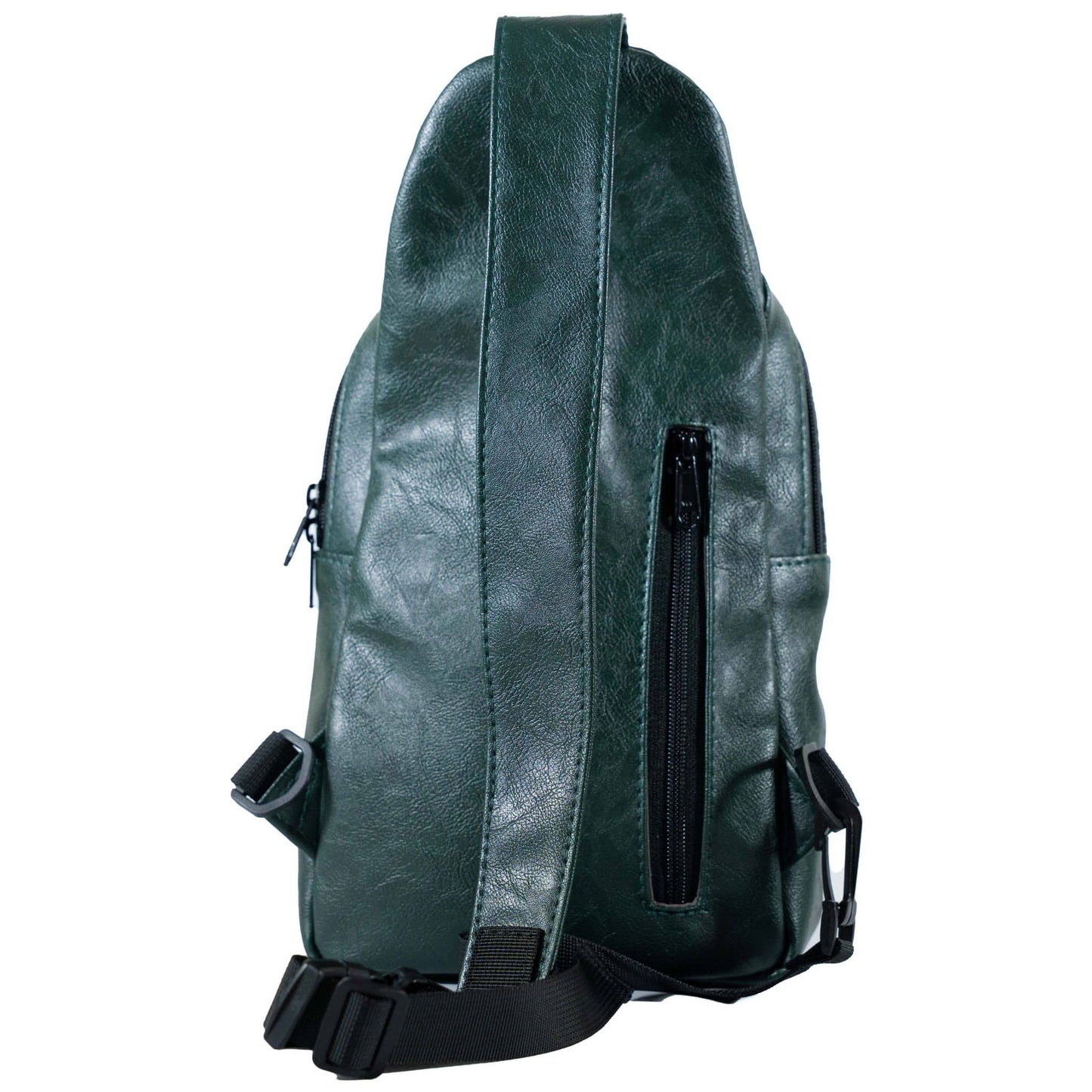 Umoja forest green vegan leather sling bag worn #color_forest-green